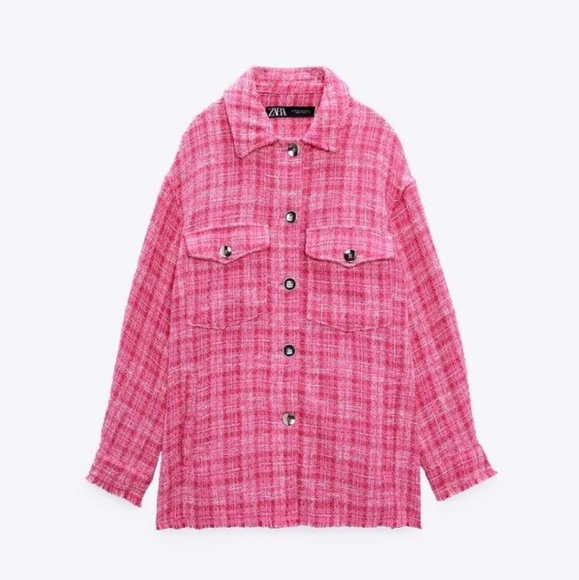 NWT Zara * Textured Plaid Overshirt Shacket Shirt Jacket Pink Tweed - Picture 7 of 7